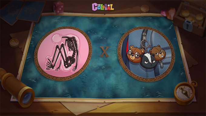 The image features a cartoon-like scene of two cartoon characters sitting next to each other on a table. The background shows a blue surface with a pink circle, which has a skeleton inside. There are also two more cartoon characters depicted in the image - one is black and white, while the other is brown and white.