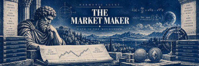 A graphic titled "HARMONIC AGENT THE MARKET MAKER" features a Greek statue, mathematical equations, cryptocurrency logos (USDC, Ethereum), and a list of related concepts like "PROVIDE LIQUIDITY" and "MARKET MAKING."