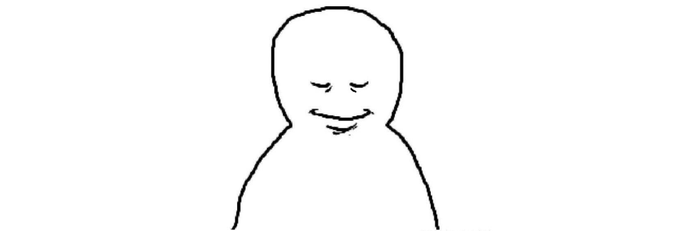 A simple hand-drawn cartoon figure with a smiling face and closed eyes, depicted as a basic line drawing on a white background.