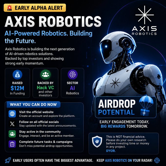 A promotional graphic for 'AXIS ROBOTICS' advertising their AI-powered robotics project with $12M raised funding, highlighting 'AIRDROP POTENTIAL' and early engagement benefits.