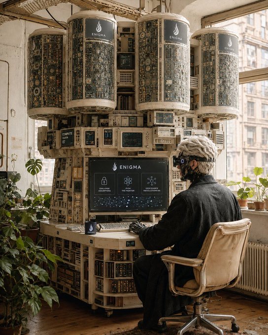 A man sits in a chair working at an elaborate, towering vintage computer setup with multiple components labeled 'ENIGMA', with a screen displaying cryptographic icons.