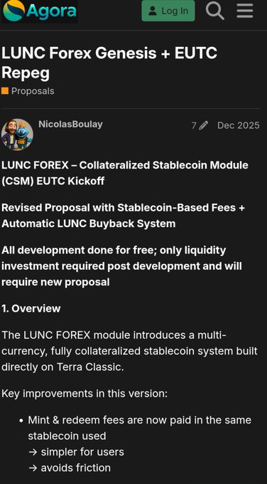 The image shows an Agora governance proposal titled "LUNC Forex Genesis + EUTC Repeg" by NicolasBoulay, dated December 7, 2025, outlining a Collateralized Stablecoin Module (CSM) on Terra Classic with stablecoin-based fees and an automatic LUNC buyback system. The caption connects to the post's theme of "control" by highlighting this proposal as a centralized mechanism designed to manipulate LUNC's economics through forced buybacks and peg management.