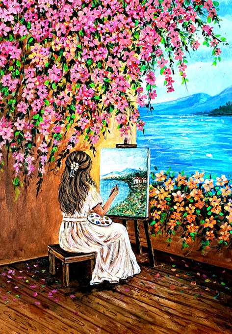 An impressionist painting shows a woman in a white dress sitting on a wooden stool, painting a landscape on an easel, surrounded by cascading pink flowers and overlooking a blue body of water.