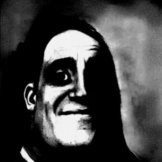 A high-contrast, black-and-white portrait of a man with long dark hair and a wide, unsettling smile — evoking the eerie "Loss" meme edit and reinforcing the post's tongue-in-cheek lament of "missing the ansem coin" with a haunting, ghostly image.