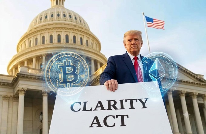 Donald Trump holds a sign reading "CLARITY ACT" in front of the U.S. Capitol, with holographic Bitcoin and Ethereum logos displayed beside him.