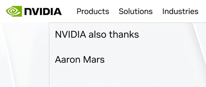 A screenshot of an NVIDIA webpage displaying an "NVIDIA also thanks Aaron Mars" acknowledgment section, humorously connecting to the post's mention of the $AEON token and "Aaron Mars," with Mars' name being an anagram or play on AEON.