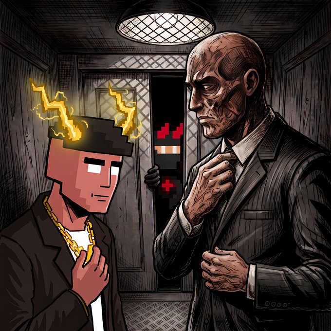 The image depicts a pixel-art character and a detailed suited figure standing in a dimly lit hallway, with the blocky figure glowing with crackling energy—symbolizing how $INJ and its NFT ecosystem weathered the brutal bear market and emerged stronger, defying the "chapter the market tried to write."