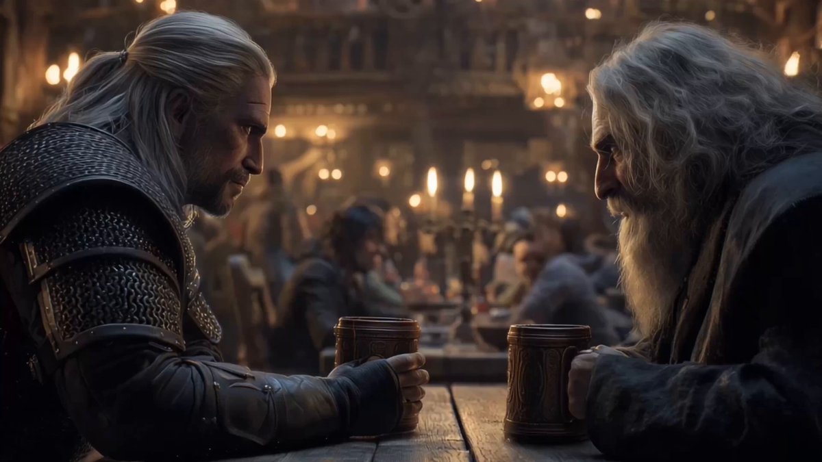 The image features two men sitting at a table, both holding cups of beer. The background shows a group of people gathered around tables with drinks, suggesting that they are in a social setting or event. The caption for the image reads "EtherFi: The Witcher's Pact They said magic is gone... But in this world... it just went on-chain etherfi/@tryhardsorry". This implies that the scene takes place within the context of the popular TV show, The Witcher, and the characters are engaged in a conversation or social gathering.