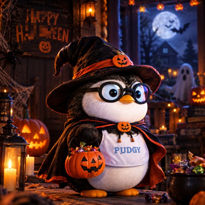 A digital illustration of a cute penguin wearing a witch hat, glasses, and a cape, holding a pumpkin bucket of candy, with 'PUDGY' written on its bib in a Halloween-themed setting.
