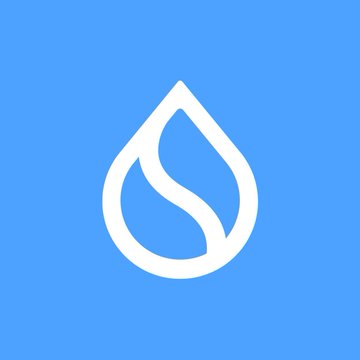 A blue square icon displays a white stylized water-droplet or flame-like logo in the center.