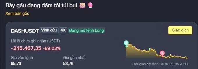 A stock trading interface shows 'DASHUSDT' with an unrealized loss of '-215,467,35' (-89.03%), a price chart, and Vietnamese text 'Bây giờ đang đầm tới túi bui'.