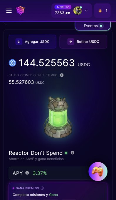 A crypto app screenshot showing a USDC balance of 144.525563 with average time balance of 55.527603 USDC, featuring a 'Reactor Don't Spend' feature with 3.37% APY for saving in AAVE.