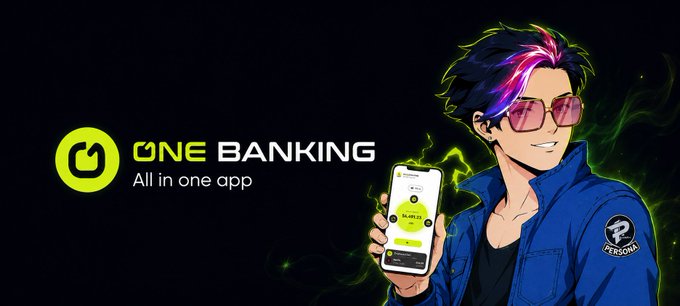 The image features a cartoon character holding up an iPhone with a green screen displaying "One Banking" along with some text about banking apps. The main focus of the image is the man's face, which is colored purple and green, giving him a unique appearance.