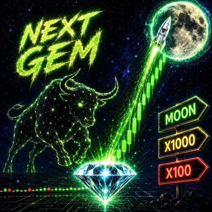 A vibrant crypto promotional graphic titled "NEXT GEM" features a glowing green constellation-style bull, a large diamond, a rocket labeled "Bullish" soaring past the moon, and candlestick charts pointing toward neon signs reading "MOON," "X1000," and "X100," all symbolizing the explosive profit potential of an upcoming cryptocurrency gem.