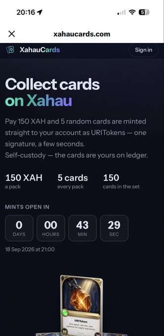 A mobile screenshot from xahaucards.com promoting digital card collecting, stating 'Pay 150 XAH and 5 random cards are minted straight to your account as URITokens', alongside a countdown timer.