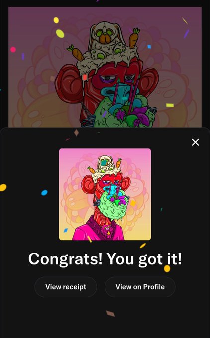 A digital collectible confirmation screen displaying 'Congrats! You got it!' with a colorful NFT artwork featuring a surreal figure topped with a frog-like creature.