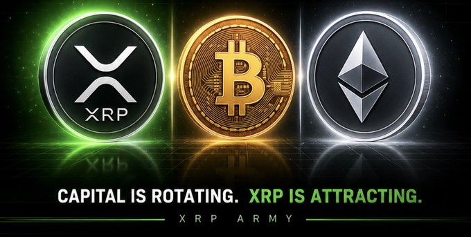 The image features a poster with three coins - Bitcoin, Ripple, and Etherium - displayed against a black background. The text "Capital is rotating. XRP is attracting." is written above each coin, indicating that the coins are performing well despite the market conditions. The poster also includes information about the ETF flows for these coins during June 10th, which shows that Bitcoin and Ripple saw capital exit while Etherium attracted inflows.