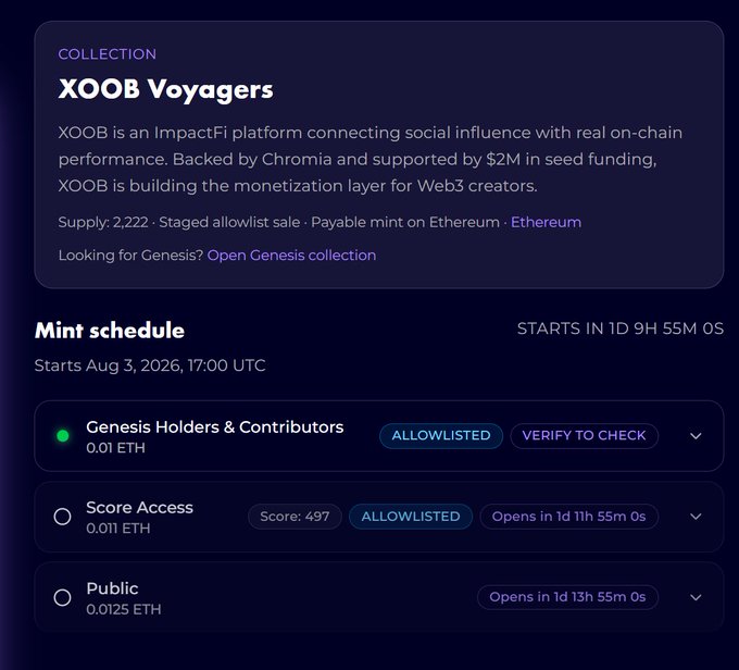 Screenshot of an NFT collection page for 'XOOB Voyagers' by XOOB, describing it as an ImpactFi platform with a supply of 2,222 and a mint schedule starting August 3, 2026, showing tiered prices in ETH.