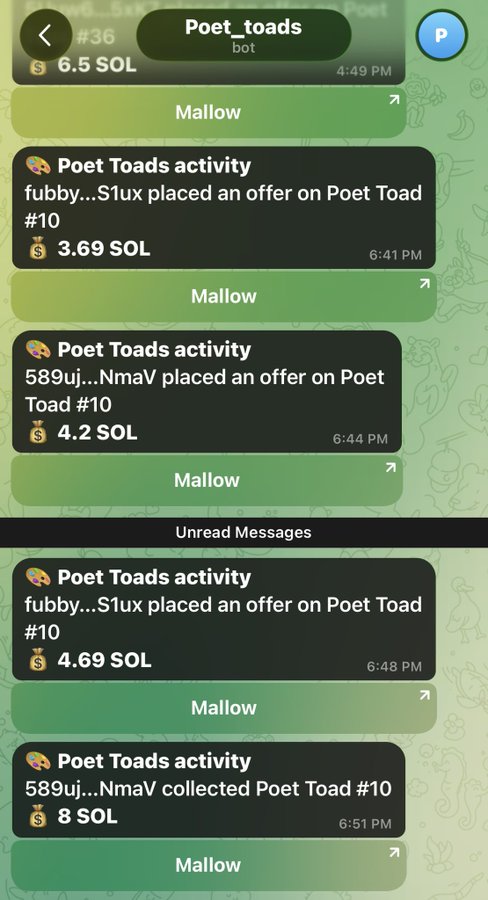 A Telegram chat with the Poet_toads bot shows notifications of users placing bids on Poet Toad #10 in SOL, with offers rising from 3.69 SOL to a final winning collection of 8 SOL. The "tg activated" caption likely refers to the Telegram bot being successfully set up to track bidding activity and alert the user in real-time.