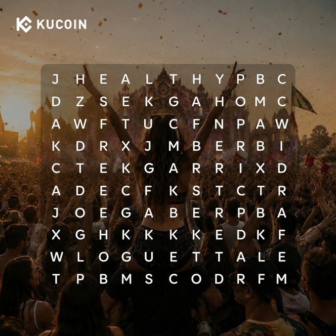 A word search puzzle by KuCoin is overlaid on a crowd at a sunset festival, with names like "GARRIX," "GUETTA," and "HEALTHY" hidden among the letters, matching the post's question about whether fans are seeing Martin Garrix or David Guetta first.
