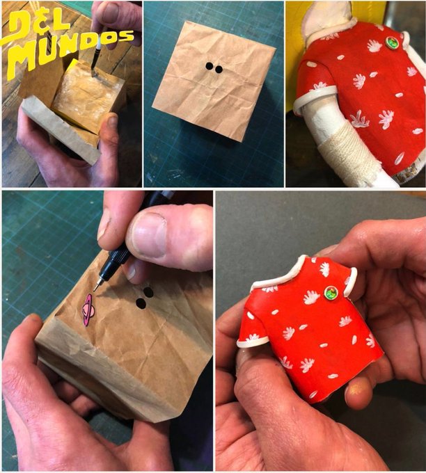 A collage showing steps of an art project titled 'DEL MUNDOS', depicting hands drawing a face on a paper bag and the resulting miniature red dress with white floral patterns.