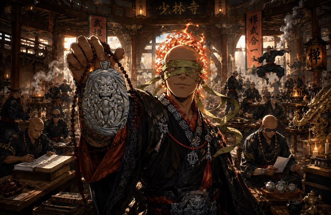 An illustrated monk with a green blindfold and flaming orange hair holds up a medallion in a temple setting, surrounded by other robed monks and Chinese characters including '少林寺' (Shaolin Temple).