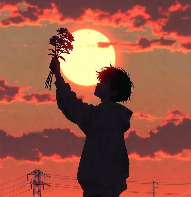 A silhouetted figure holds up a bouquet of flowers against a dramatic red sunset, with power lines visible in the distance. The image's quiet, solitary moment of triumph under a glowing sky visually echoes the caption's message of silent, unseen hard work leading to success.