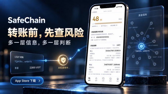 An advertisement for 'SafeChain' app showing a smartphone displaying a cryptocurrency risk assessment with a 48/100 score.