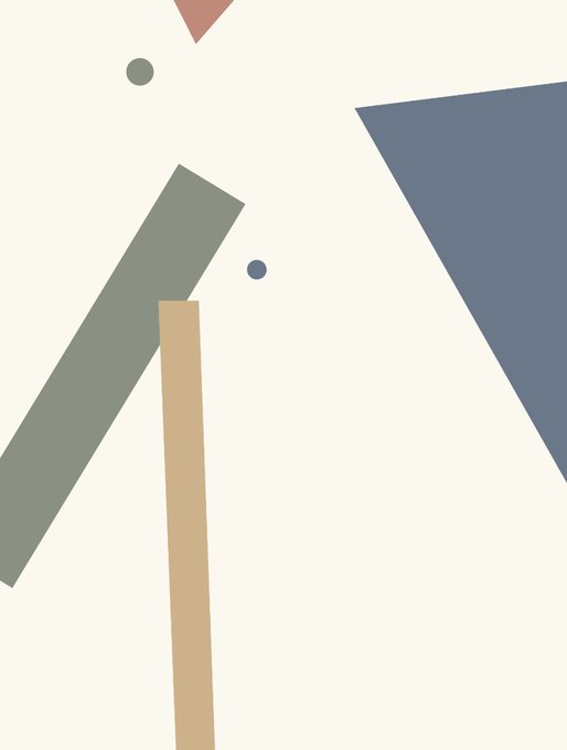 Abstract composition featuring geometric shapes in sage green, tan, blue-gray, and pink against a cream background.