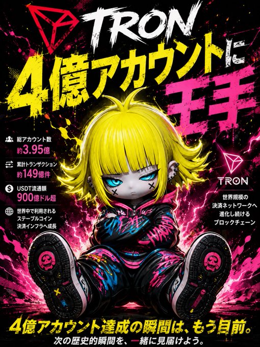 A bold promotional graphic for **TRON** celebrates the network approaching 400 million accounts, featuring a stylized anime-inspired character sitting on the ground amid vibrant neon pink and yellow splashes. The image highlights key statistics in Japanese, including "総アカウント数 約3.95億" (total accounts ~395 million), "累計トランザクション 約149億件" (~14.9 billion transactions), and "USDT流通額 900億ドル超" (over $90 billion USDT circulation), with the tagline "4億アカウント達成の瞬間は、もう目前" (the moment of reaching 400 million accounts is right before us).