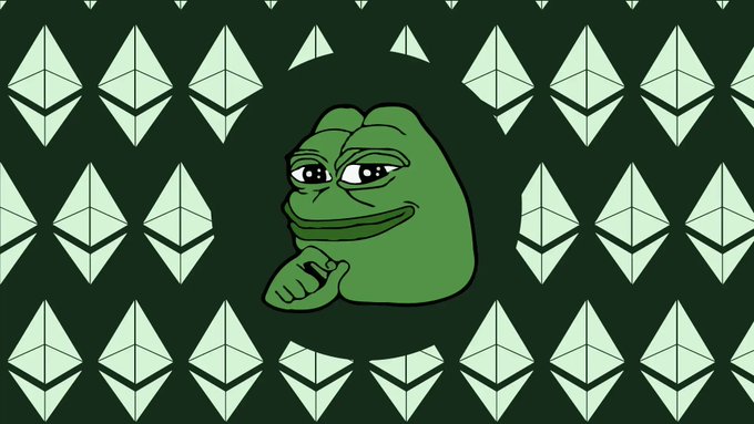 A Pepe the Frog meme points knowingly at the viewer against a dark green background patterned with EOS cryptocurrency logos, paired with a post about the author's definitive bullish stance on ETH and neutral BTC outlook, rejecting any suggestion of hedging.