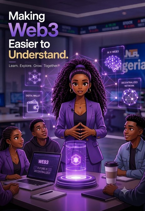 A vibrant digital illustration for a Web3 educational campaign with the text "Making Web3 Easier to Understand. Learn. Explore. Grow. Together," showing a woman presenting futuristic technology concepts like AI x Web3, digital wallets, and decentralized networks to a group of people.