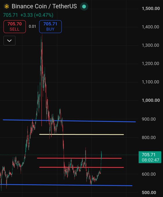 A candlestick chart of BNB/USDT trading pair shows a current price of 705.71, with horizontal support/resistance lines drawn around key levels including 600, 650, 700, 800, and 900, visually highlighting the 800 target price level the post identifies as the next upside objective.