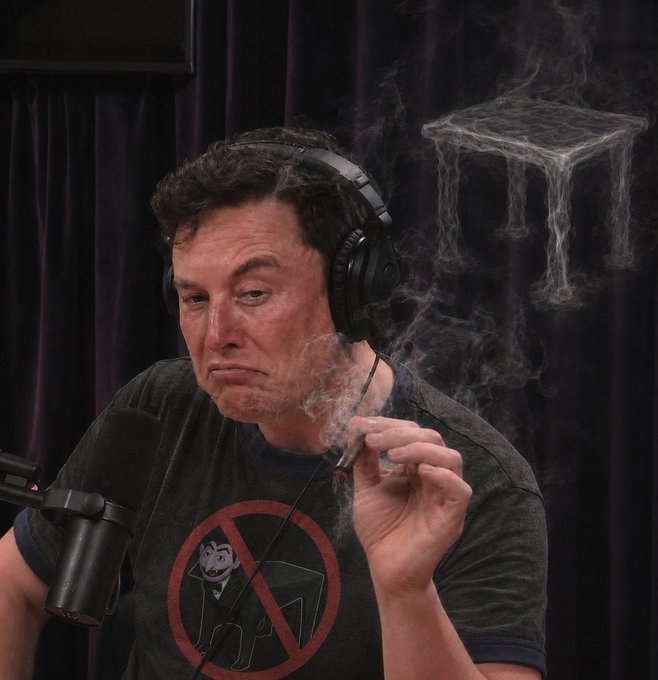 An AI-generated or manipulated image of Elon Musk wearing headphones and smoking, with a smoky 'X' logo visible in the background behind him.