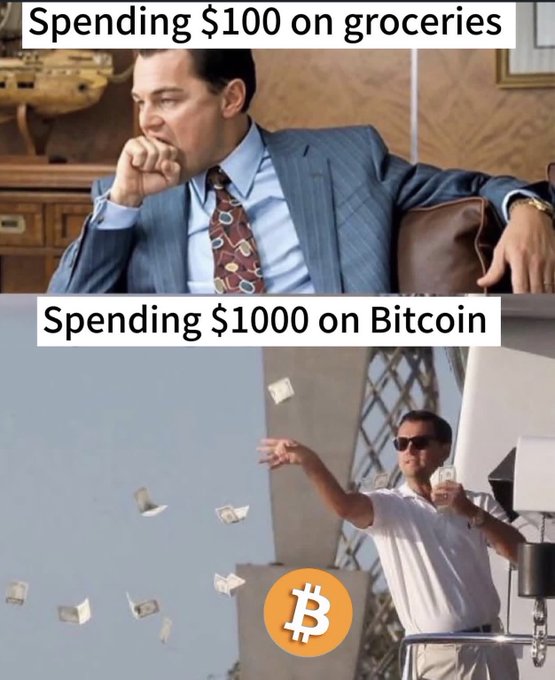 Meme comparing reactions to spending: top panel shows a man looking contemplative about "Spending $100 on groceries," while the bottom panel shows a man joyfully throwing money in the air with text "Spending $1000 on Bitcoin" and a Bitcoin (₿) logo.