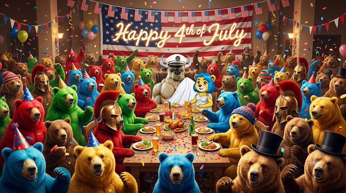 An AI-generated festive illustration showing colorful teddy bears, unicorns, and Roman soldiers celebrating 'Happy 4th of July' with an American flag banner and party hats.