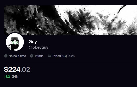 The image shows the profile of "Guy" (@obeyguy) with a balance of $224.02 and a join date of August 2026. The post promotes following this profile on "fomo" for a chance to win.