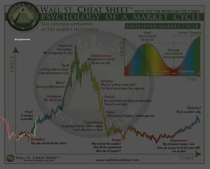 An infographic from "Wall St. Cheat Sheet" illustrating the "Psychology of a Market Cycle," mapping emotional stages like Euphoria, Anxiety, and Depression against price and time.