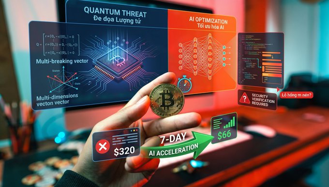 A vibrant digital illustration shows a hand holding a Bitcoin coin surrounded by floating holographic panels displaying 'QUANTUM THREAT' and 'AI OPTIMIZATION' concepts, along with financial metrics like '$320', '$66', and '7-DAY AI ACCELERATION' arrows.