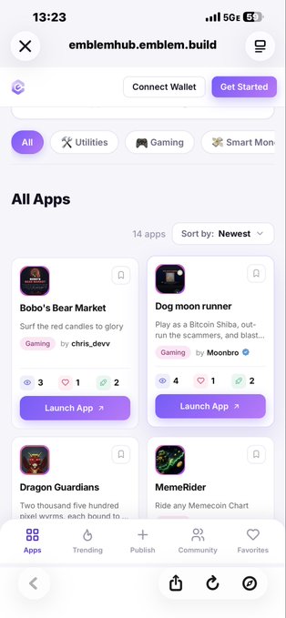 A clearer mobile screenshot of emblemhub.emblem.build showing the 'All Apps' section with 14 apps including Bobo's Bear Market, Dog moon runner, Dragon Guardians, and MemeRider, each with Launch App buttons.