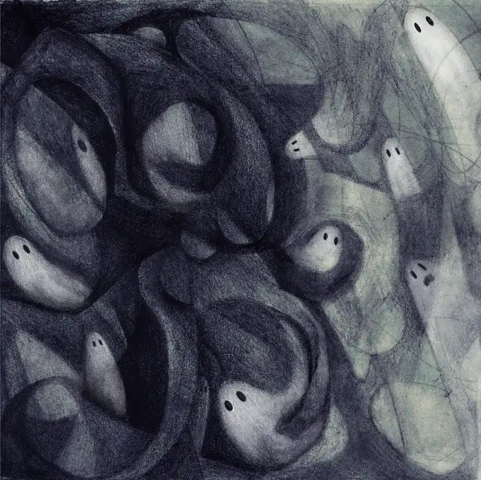 A dark, abstract charcoal-style drawing featuring ghost-like figures with small dot eyes scattered among swirling shadowy shapes.