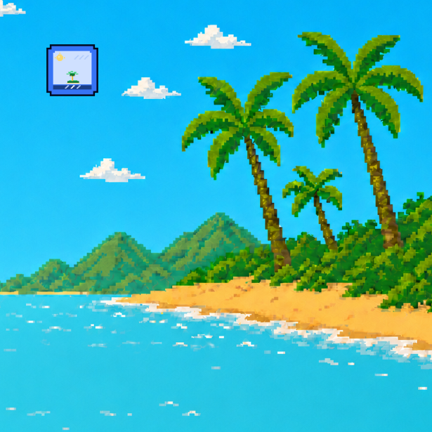 A pixel art tropical beach scene with palm trees, a sandy shore, mountains, blue ocean, and a small map icon in the upper left corner.