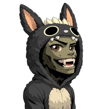 A cartoon-style illustration of a person wearing a black, horned creature hoodie with yellow eyes and teeth, showing a grinning face.