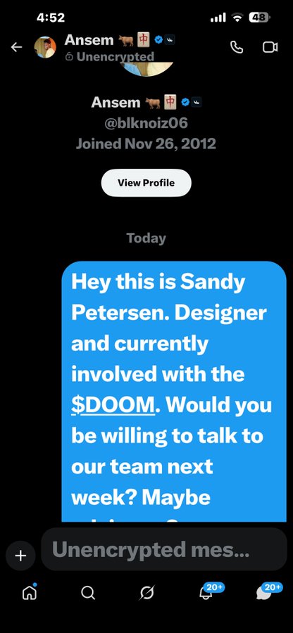 A Twitter/X DM screenshot from Ansem (@blknoiz06) to another user, with the message from Sandy Petersen asking to talk about $DOOM next week.