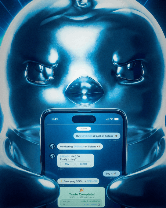 A blue, metallic-looking object with a face attached sits in front of someone's phone displaying messages from an AI bot named PenguBot that asks them for tokens before completing their purchase.