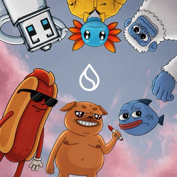 A colorful digital illustration featuring various cartoon characters including a mug, sun, sheep, hot dog with sunglasses, and a smiling creature against a pink sky background with a Sui (SUI) water drop logo in the center.