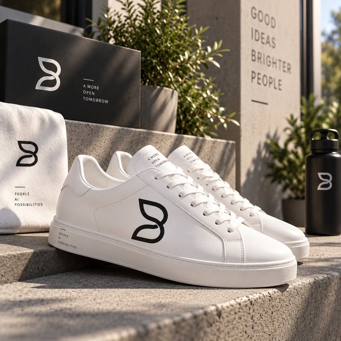 Product photography featuring a pair of white sneakers with a distinctive logo, displayed alongside a branded box, dust bag, and water bottle. The text reads 'A MORE OPEN TOMORROW', 'PEOPLE AT POSSIBILITIES', and 'GOOD IDEAS BRIGHTER PEOPLE'.