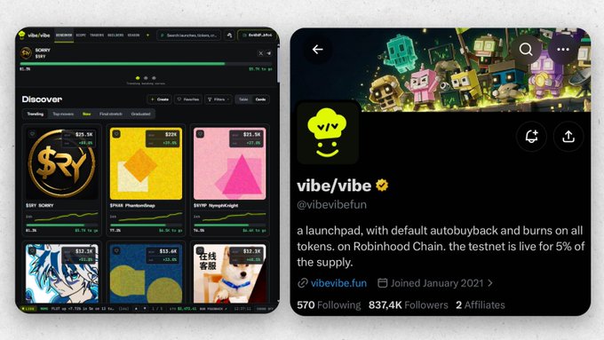 Screenshots of a website interface displaying trending tokens with cards like '$RORY', '$TGGB PhantomSwap', and '$EYO', alongside a profile card for 'vibe.vibe' (@vibevibefun) describing it as 'a launchpad, with default autobuyback and burns on all tokens, on Robinhood Chain.'