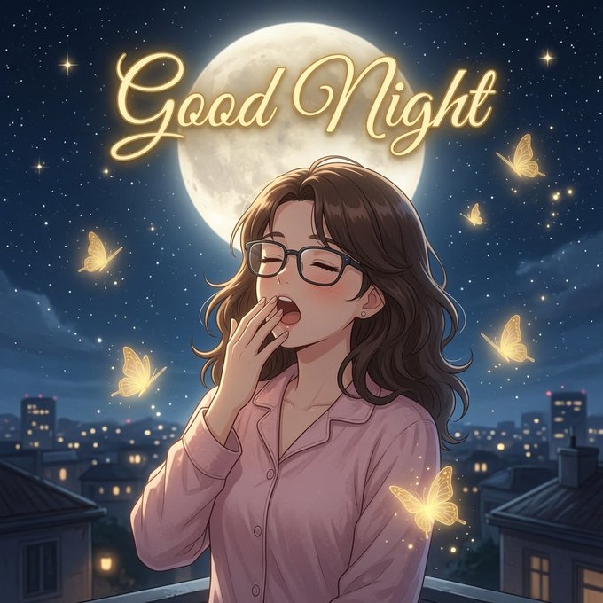 An anime-style illustration of a girl with brown hair and glasses yawning while wearing pink pajamas, set against a night sky with a full moon, stars, glowing butterflies, and city rooftops, with the glowing yellow text "Good Night" above her.