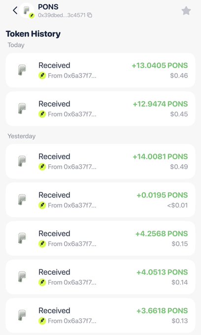 A token history interface showing multiple PONS token received transactions from address 0x6a3717..., with today's entries including +13.0405 PONS ($0.46) and +12.9474 PONS ($0.45), and several entries from yesterday.